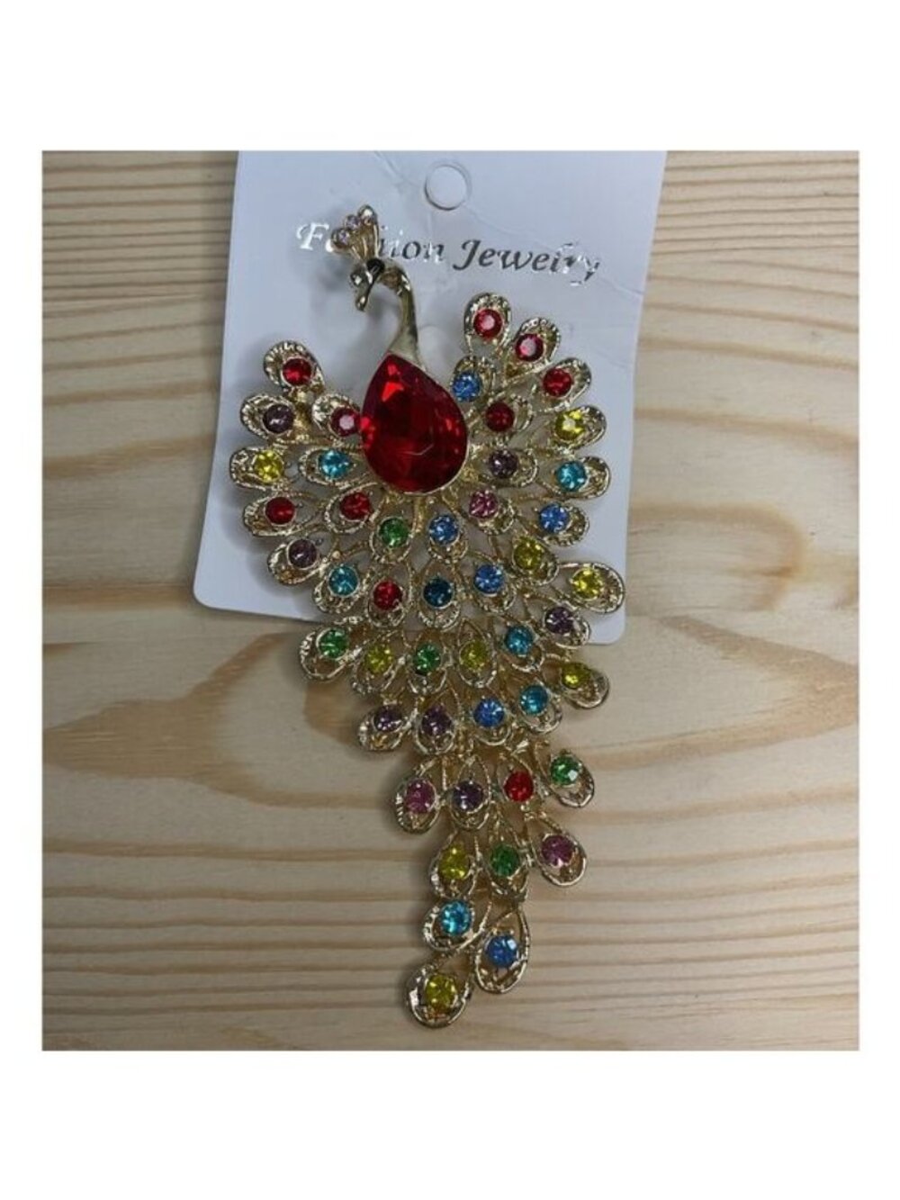 Vintage Style Gold Multicolor Rhinestone Peacock Brooch Pin Red Crystal Statemen